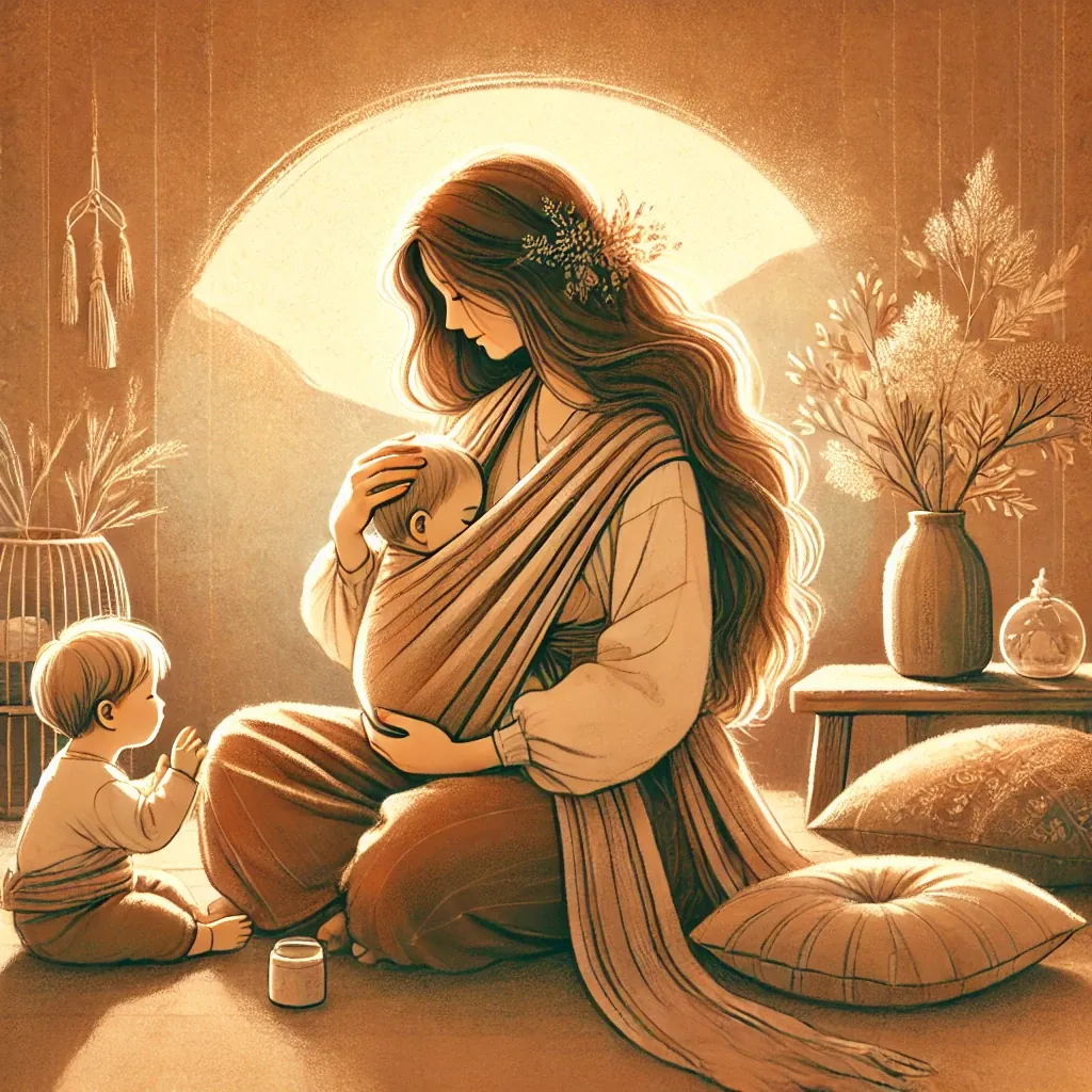 Illustration : une mère porte son bébé en écharpe, son aîné joue à ses pieds, dans une lumière chaude.